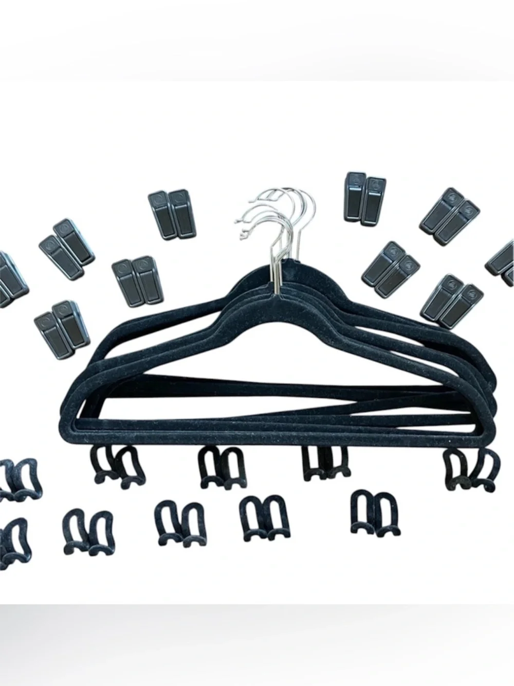 50 Piece Closet Organizer: 10 Black Velvet Hangers, 20 Cascading Hooks, 20 Clips
